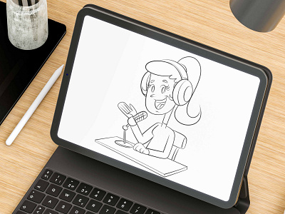 A cartoon sketch of a podcaster woman, 2D illustration