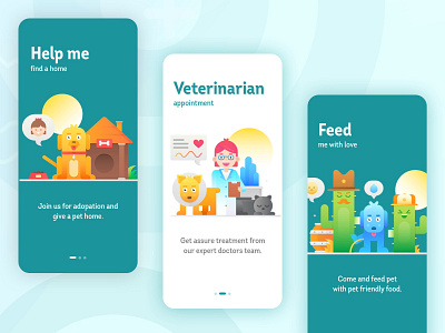 Pet Care Onboarding Screens animal cute dog feed help illustration mobile app design onboarding petlove shelter uiuxdesign vector veterinarian