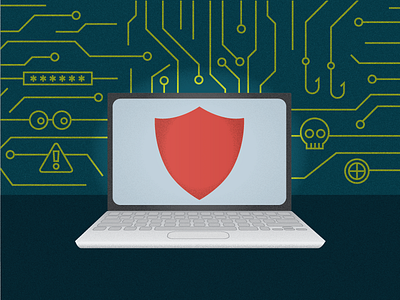 protect ya internet circuit board grain hacker illustration internet laptop phishing protection scam shield texture virus