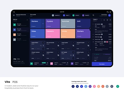 Vita POS — Evening mode bill billing branding café checkout food fsr order ordering payment payments point of sale pos qsr restaurant tab tabs ui ux