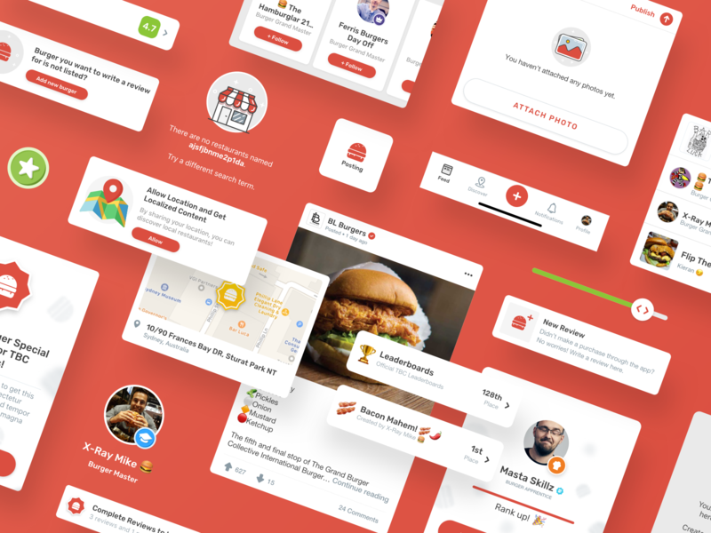 The Burger Collective / UI Elements app badges branding burger design food green illustration ios leaderboards location pin map red restaurants reviews social media banner social media design ui ux white