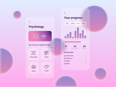 Psychological help website - home page UI aesthetics bubbles glassmorphism gradient minimalism mobile app mobile version pink purple ui web design website