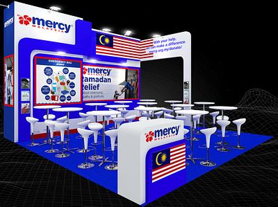 Mercy Malaysia 6x6 Exhibition Booth 3d 6x6 aid backdrop backwall blue booth branding charity design event exhibition fair fundraising non profit render rescue show space visualization