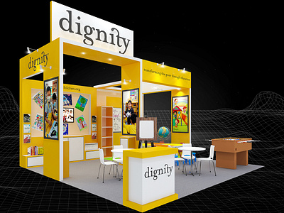 Dignity for Children 6x6 Exhibition Booth 3d 6x6 booth branding charity design dignity education event exhibition fair free education fundraising impression render school for the poor show space visualization yellow