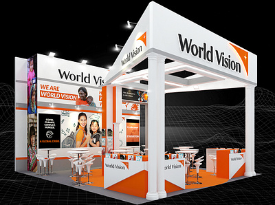 World Vision 7x8 Exhibition Booth 3d 7x8 aid booth branding charity design donation event exhibition fair fundrasing humanitarian orange render roman pillar space triangle world hunger world vision