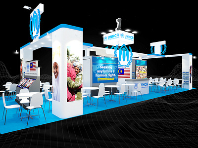 UNHCR 6x15 Exhibition Booth 3d 6x15 booth aid artist impression big booth booth branding charity design event exhibition fair fundraising global peace humanitarian render show space visualization
