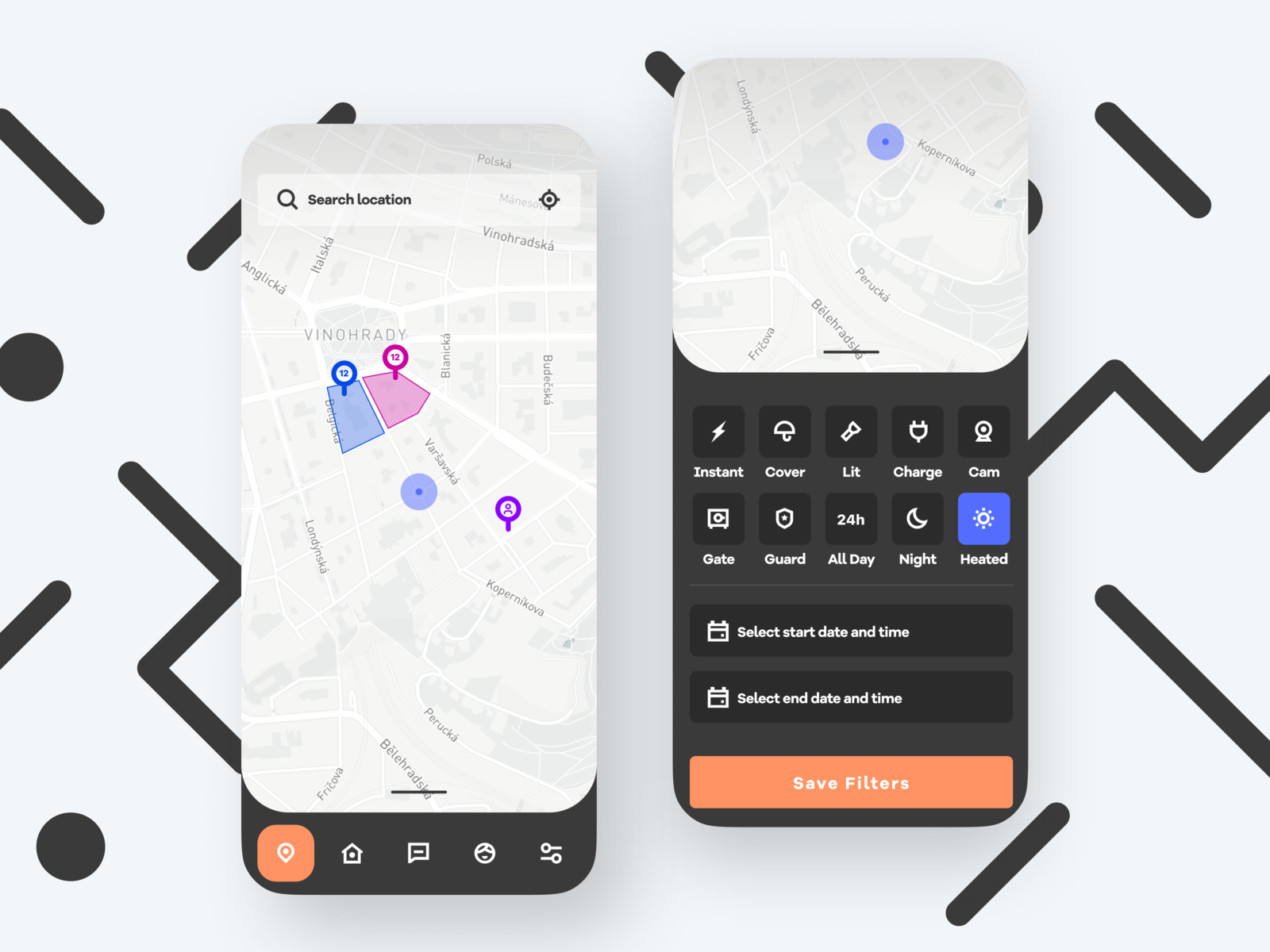 Park.me - P2P Parking Map View agency decentralized etheric flat hack hack prague hack week hackathon illustration modern p2p parking parking app smart city smart parking typography ui ux