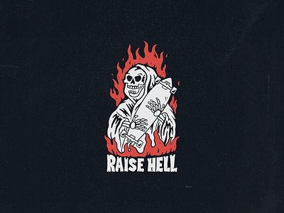 Raise hell black branding custom design death deck design distressedunrest grim grim reaper handdrawn hell hellraiser illustration longboard skateboard skeleton skull vector