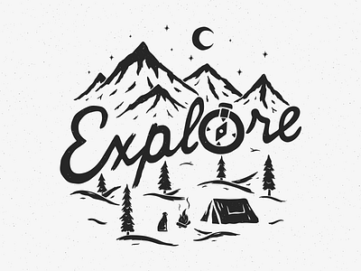 Explore adventures black camping distressed dog forest hiking illustration mountains night outdoors