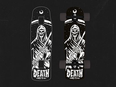 Custom board deck design black branding custom custom design death deck design design distressed grim handdrawn illustration longboard reaper skateboard skull vector