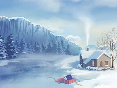 冬雪 冬季 冰面 房子 插图 插画 背景图 设计 雪