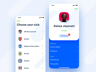 I'M Football – Profile account app application avatar ios list preferences profile settings shadows