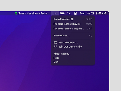 Fadeout – macOS menu bar options apple menu mac menu macos menu bar menu bar extra ui