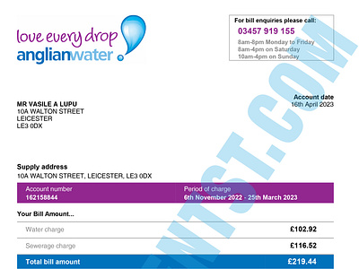 Anglian Water Bill Leicester UK bank statement credit card statement credit report id card pay stub payslip utility bill