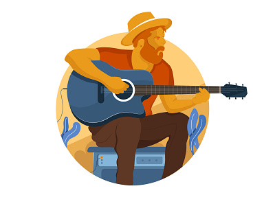 Street singer character digital guitar hat illustration man minimal singer street uiux vector