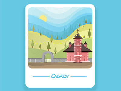 Church building church dribbbleshot forest green holy illustration minimal redeemer sky skyblue sun rays tree vector