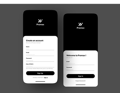 Promax Sign Up and Login screen 2d app art black clean creative design draw dribble figma mobile ui ux visual design