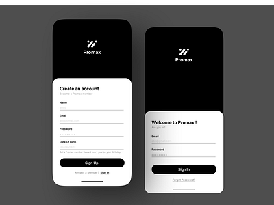 Promax Sign Up and Login screen