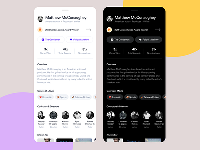 Actor Profile - Light & Dark Mode actor app clean design film minimal profile trend typogaphy ui ux