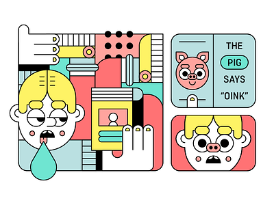 The Dangers of Reading book bored character dribble illustration neon pig reading scared squares