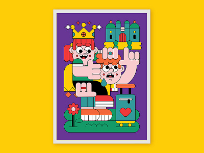Princess & Prince castle character crown design holiday illustration poster princess royal