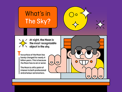 What's In The Sky? astronomy character editorial illustration moon night stars