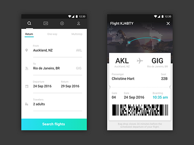 Air New Zealand Mobile App airline booking pass flight material design mobile search ui ux