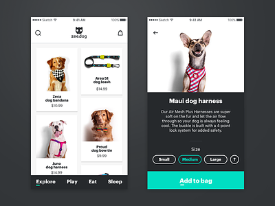 Zeedog Shopping App dogs ecommerce iphone x pets product card shopping store zeedog