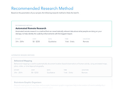 Research Method Recommendation Cards clean text typography ui ux ux research web web app