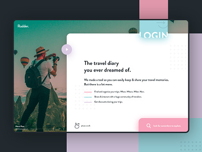 Rudder landing page colored creative design design desktop app hero landing page logbook rudder social app travel travel app travel diary trip trip planner uidesign webdesign