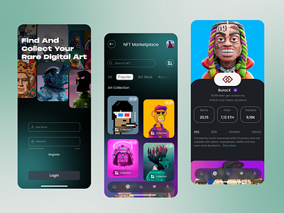 NFT Mobile App app art binance blockhain btc coin cyrpto cyrptoart cyrptocurrency design eth graphic design marketplace mobilapp mobile mobiledesing nft token ui ux