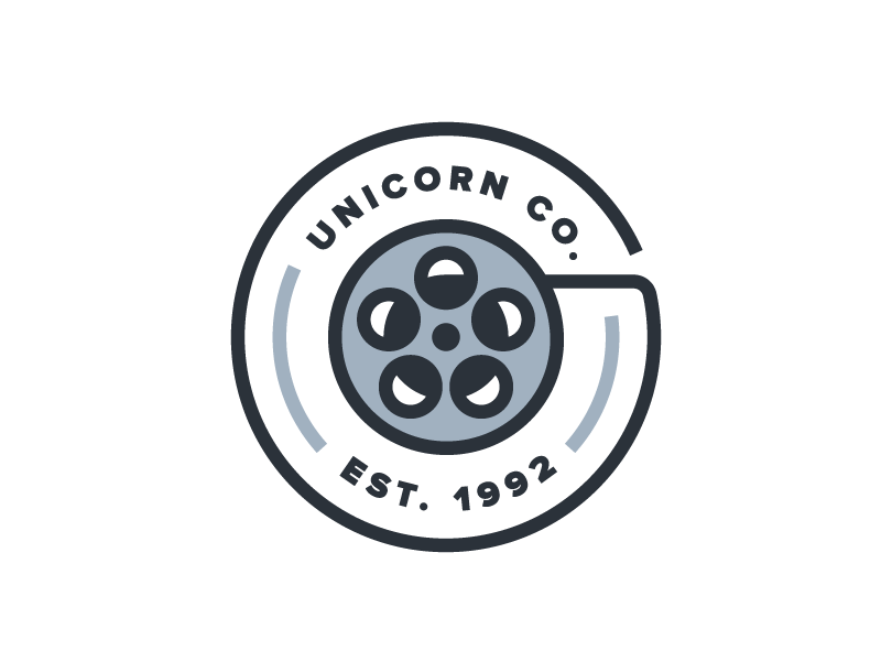 Unicorn Co. badge blue circle film reel film strip gif logo movies patch proxima nova simple unicorn