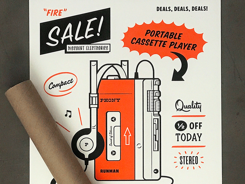 Discount Electronics 4 Sale cassette player design illustration line poster print sale simple type typography vector walkman