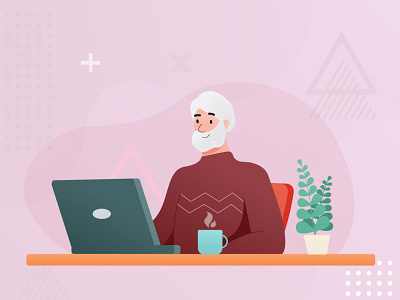 Elderly man is sitting on the Internet. Vector illustration flat computer design education graphic design illustration internet logo man old vector work