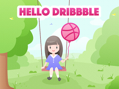 Hello Dribbble dribbble 女孩 平面 开心 插图 树 海报 玩耍 秋千 设计