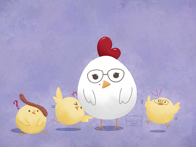 Mother Hen and Three Chaotic Chicks animals chicken cute design illustration