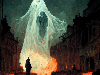 Spectral Face Terrorizes City city destruction fires ghost spectral spooky