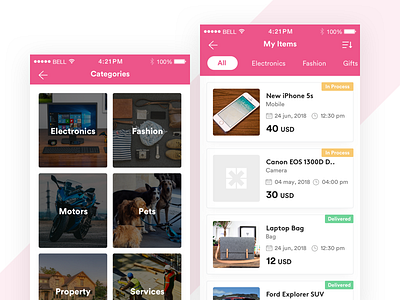 Expleo Classified App app design category classified design filter ios item listing pink status