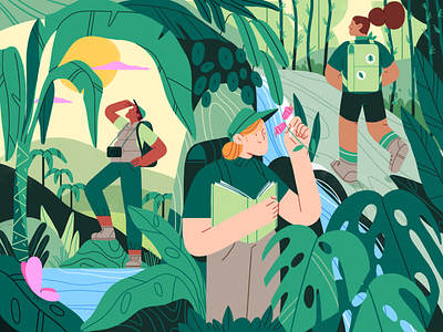Nature Explorers character design flat girl illustration jungle monstera nature palms product science summer team vector