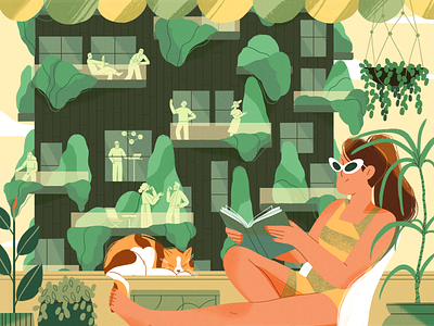 Bosco Vetricale through a balcony view character design flat forest girl illustration nature summer