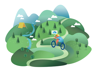 Mountain in the Summer biking camping character flat illustration moutain nature product