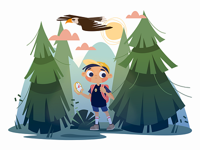 Lost character compass eagle flat forest illustration kid lost nature