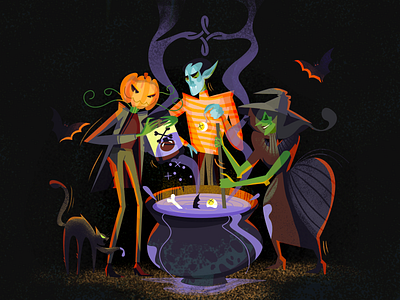 Halloween team work cat cooking fourplus halloween illustration poison scary spooky team vampire vectorart witch