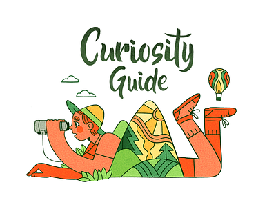 Curiosity Guide 🔎 balloon character design flat forest fourplus guide illustration mountain nature summer sun typography