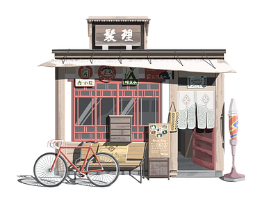 Little House 08 barber bike chinese hiwow illustration shop storefront