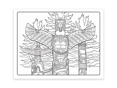Stanley Park Totem Poles bw colouringpage illustration lines