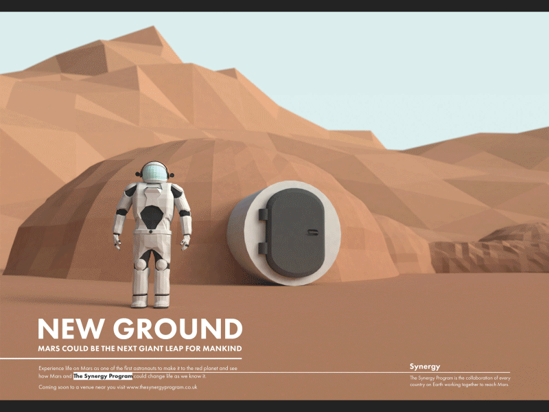 New Ground, The Synergy Program 3d cinema 4d design exhibition final major project low polly models print space