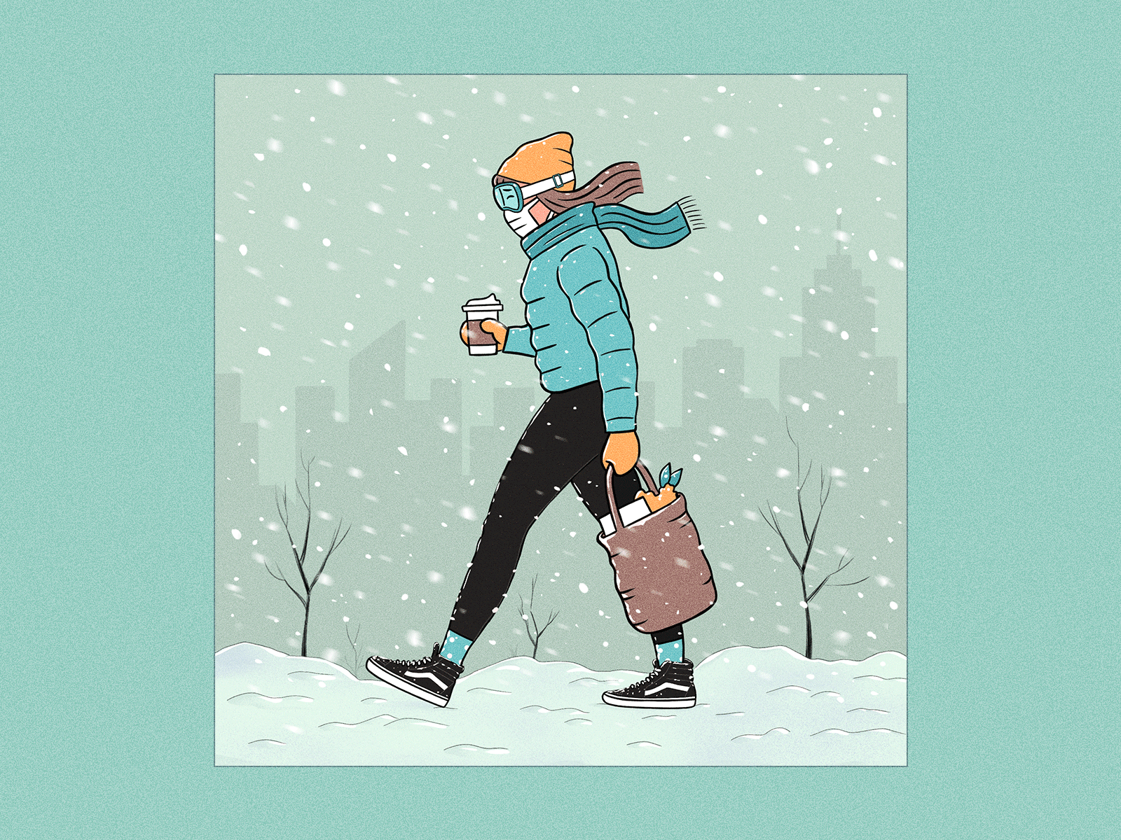 Outside and Inside adidas character cold grocery home illustration inside jacket mask outside procreate shopping sneakers snow vans walking warm woman women