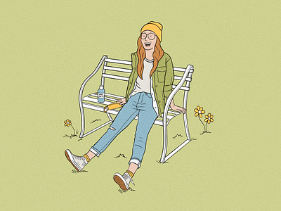Fresh air escape bench breathing character drawing escape flowers freshair goodvibes green hand sanitizer happy health illustration mask park people procreate relax woman women