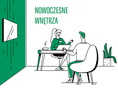 Modern interior - BGŻ BNP Paribas 2d animation bank character coffee desk girl greenery illustration interior line art modern office plant tablet ui vector